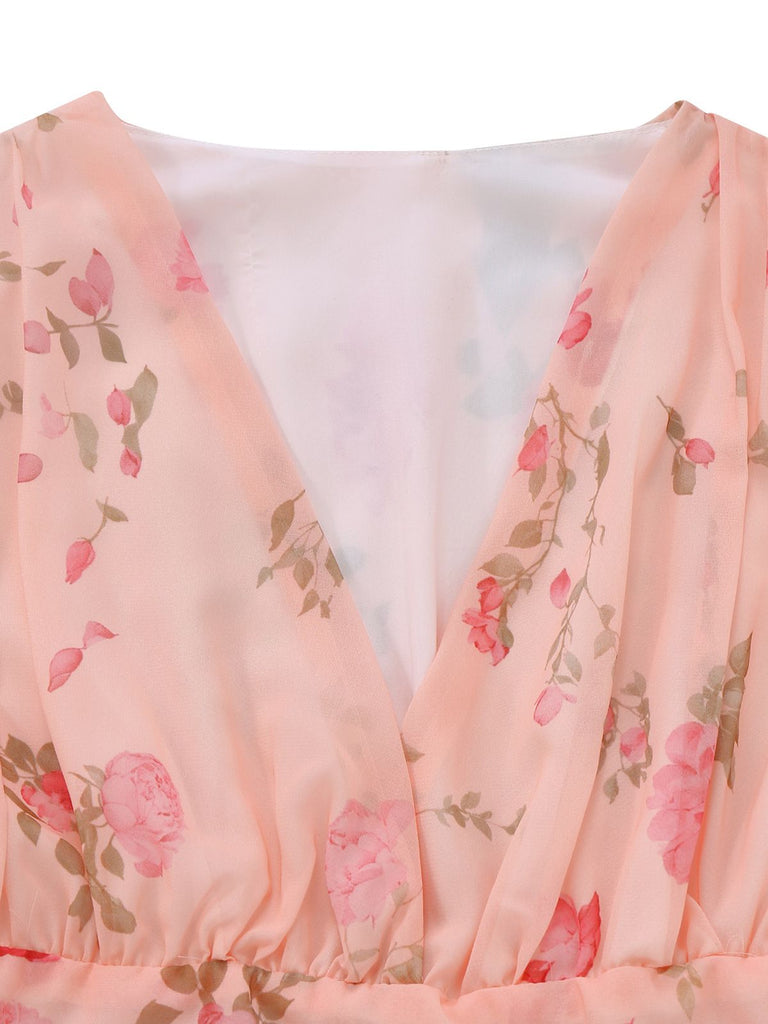 Pale Pink 1930s Floral V-Neck Chiffon Dress - vintage dress, retro fashion