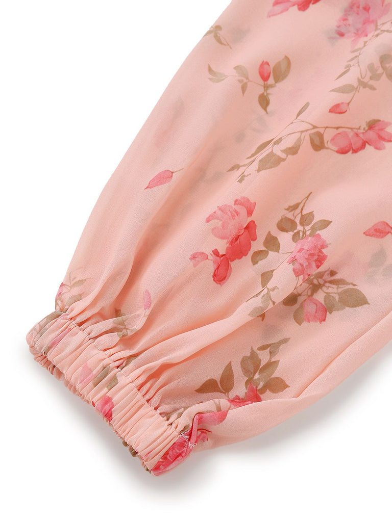 Pale Pink 1930s Floral V-Neck Chiffon Dress - vintage dress, retro fashion