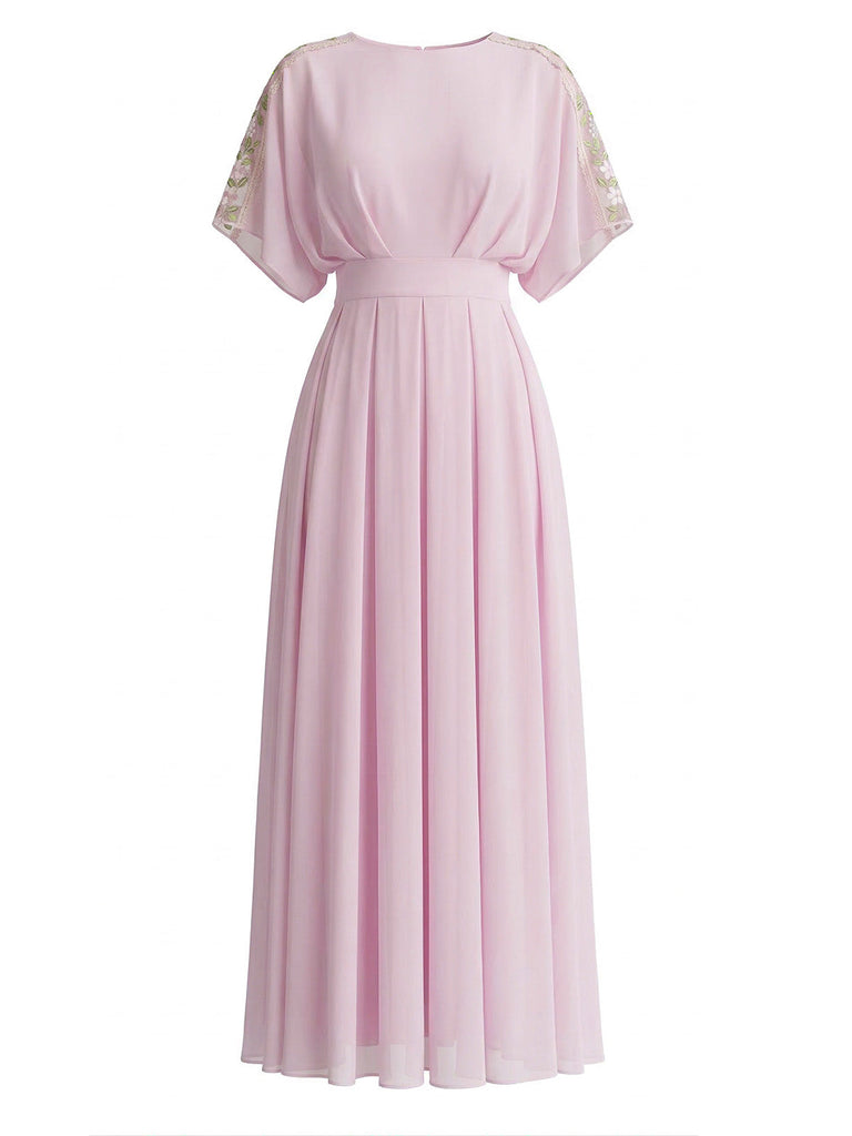 Pale Pink 1930s Round Neck Chiffon Pleated Maxi Dress