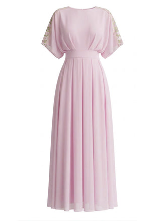 Pale Pink 1930s Round Neck Chiffon Pleated Maxi Dress
