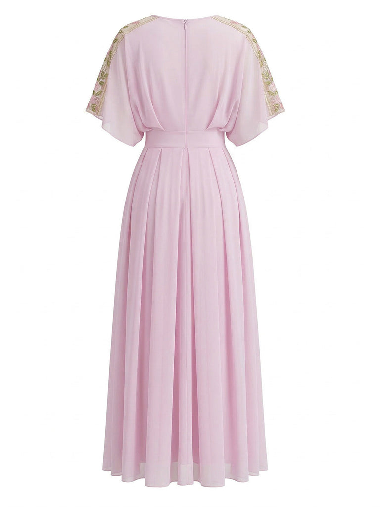 Pale Pink 1930s Round Neck Chiffon Pleated Maxi Dress 2