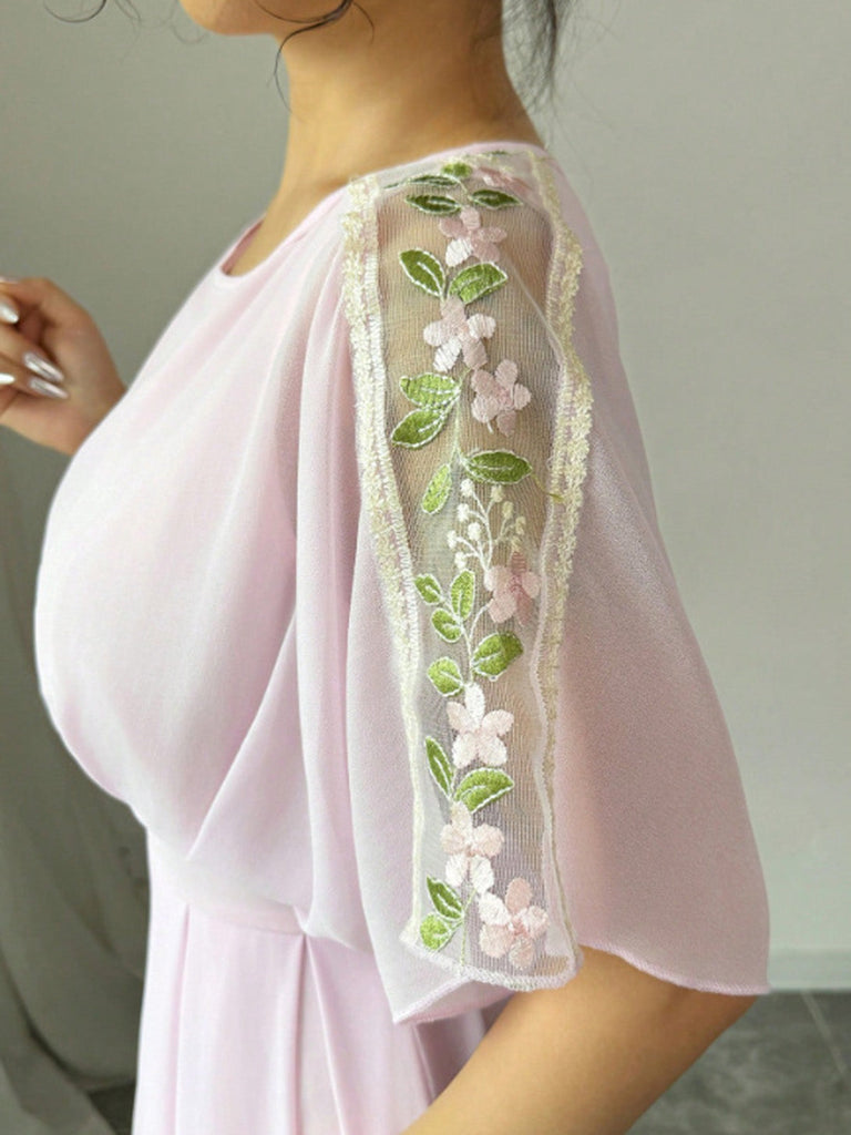 Pale Pink 1930s Round Neck Chiffon Pleated Maxi Dress 3