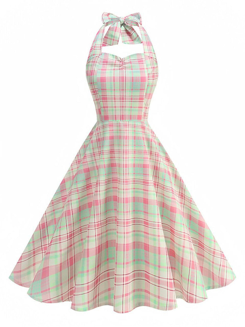 Retro Stage Vintage 1950s Gingham Halter Neck Flared Skirt Dress