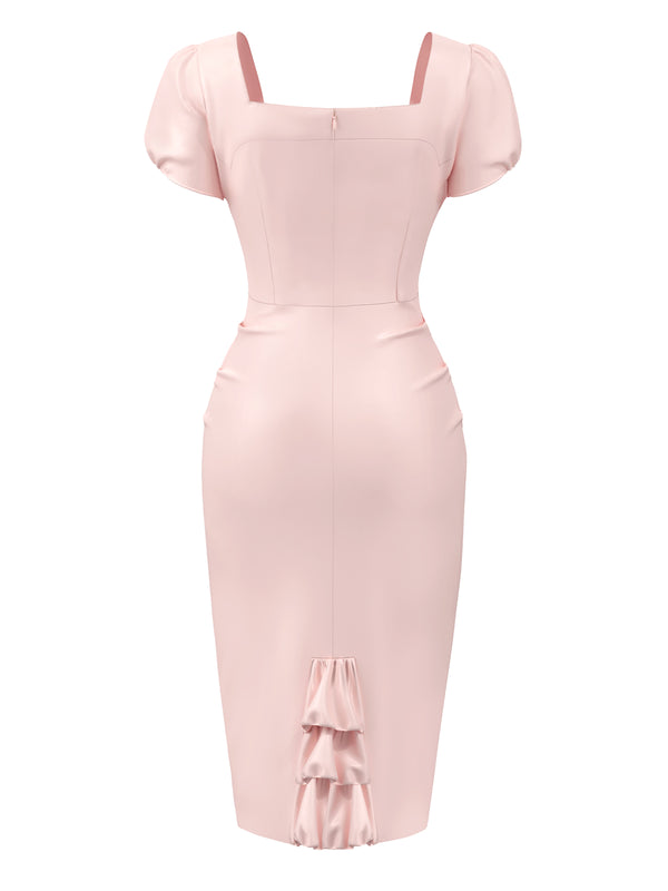 Retro Stage Heart Puff Sleeve Pencil Dress Romantic Valentine's Day Outfits Pale Pink