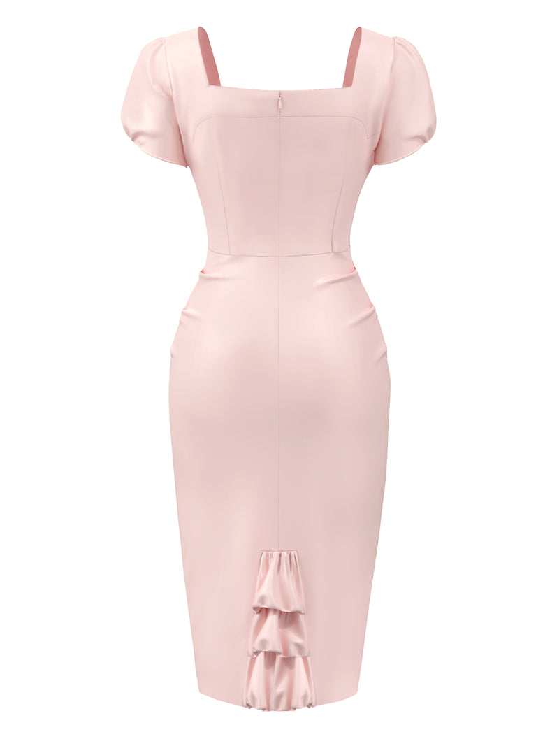 dusty pink pencil dress The Deborah - Short Sleeved Pleated Pencil Dress