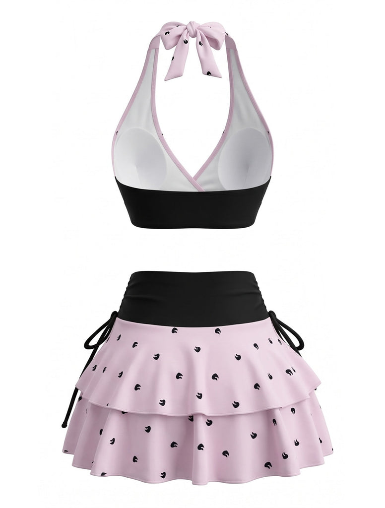 Pale Pink 1980s Polka Dot Halter Ruffle Skirt Bikini Set, vintage skirt, retro style - perfect for women who love vintage and retro fashion