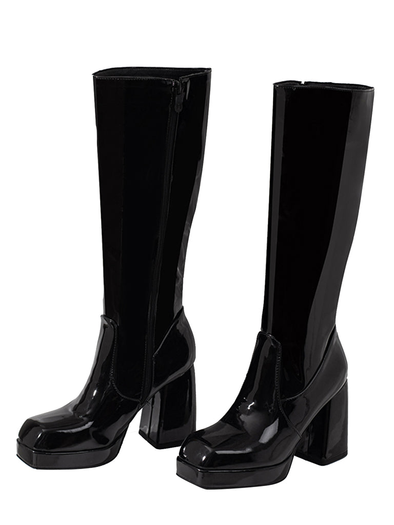 She finds her vintage story in this Patent Leather Round Toe Solid High Heel Boots