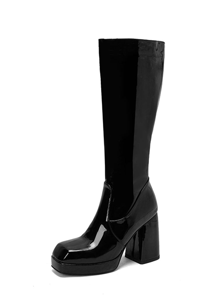 Patent Leather Round Toe Solid High Heel Boots, vintage fashion, retro style - perfect for women who love vintage and retro fashion