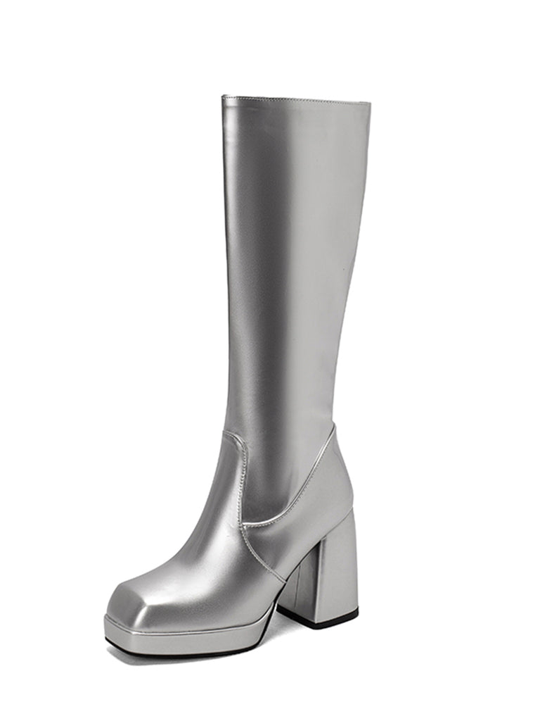 This Patent Leather Round Toe Solid High Heel Boots whispers vintage secrets to those who notice