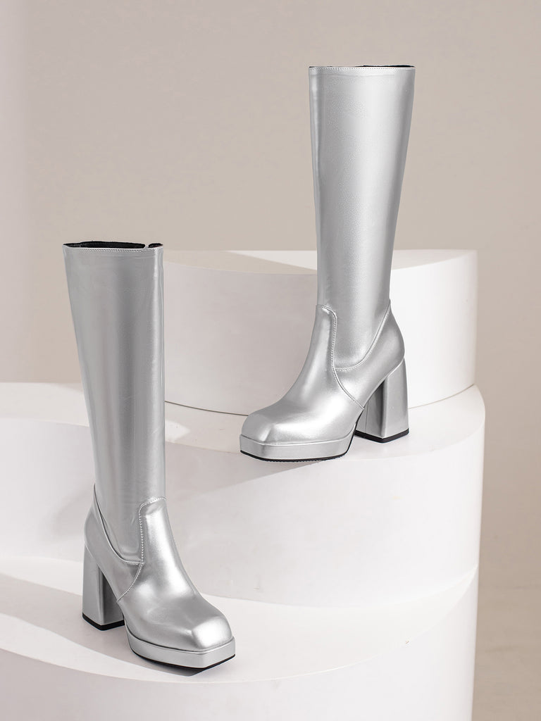 Patent Leather Round Toe Solid High Heel Boots, vintage fashion, retro style, classic design, women, elegant