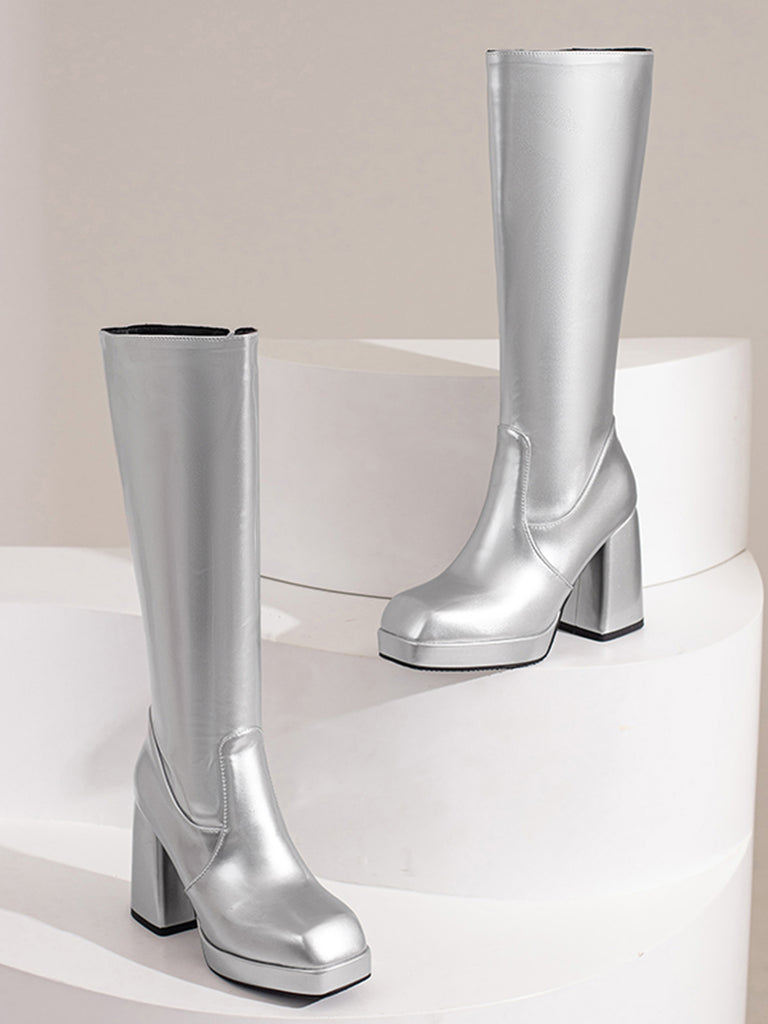 This Patent Leather Round Toe Solid High Heel Boots whispers vintage secrets to those who notice