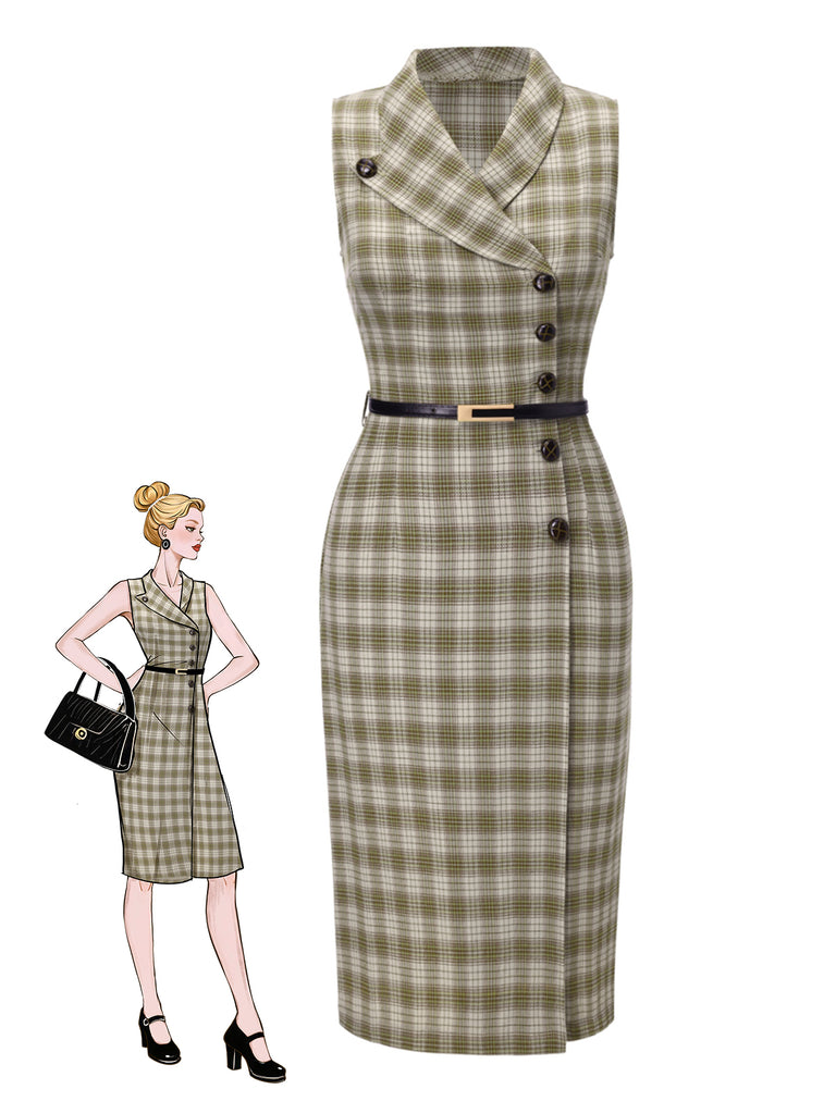 Vintage Tartan Lapel Sleeveless Button Up Belted Pencil Dress Pea Green Vintage Tartan Lapel Sleeveless Button Up Belted Pencil Dress Pea Green