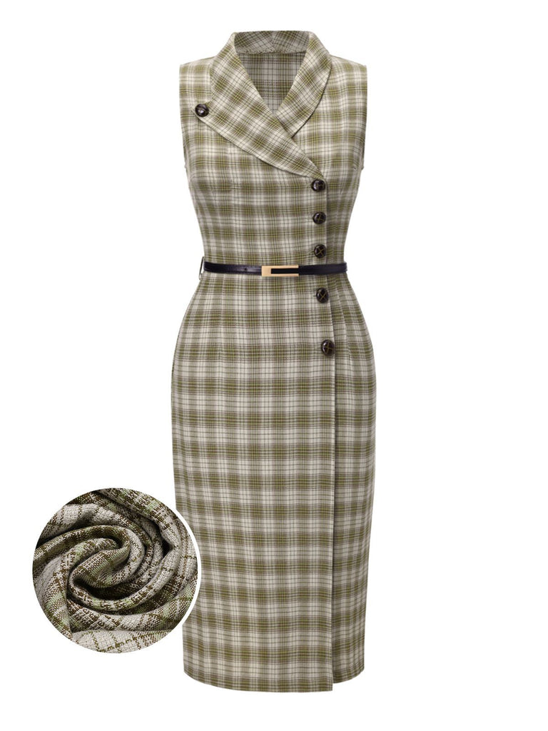 Vintage Tartan Lapel Sleeveless Button up Belted Pencil Dress Pea Green Vintage Tartan Lapel Sleeveless Button up Belted Pencil Dress Pea Green