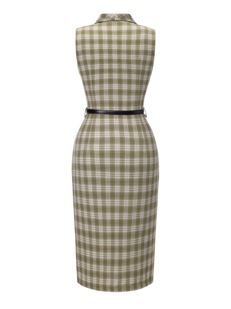 Vintage Tartan Lapel Sleeveless Button up Belted Pencil Dress Pea Green Vintage Tartan Lapel Sleeveless Button up Belted Pencil Dress Pea Green