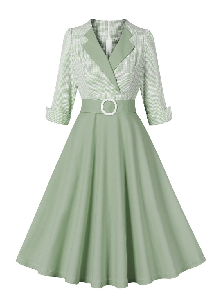 She slips into this Pea Green Grey 1950s Plaid Roll Up Belt Dress and suddenly it's a 1950s daydream