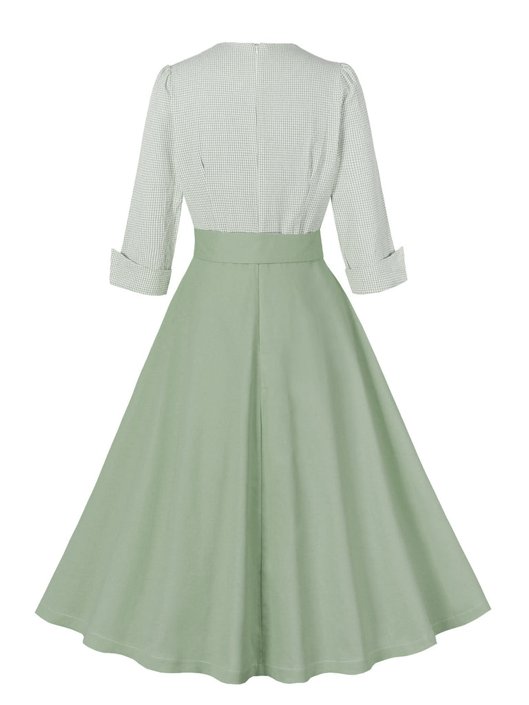Pea Green Grey 1950s Plaid Roll Up Belt Dress: where 1950s romance meets her modern spirit