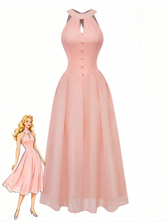 Peach 1940s Halter Cutout Button-Front Maxi Dress - vintage dress, retro fashion