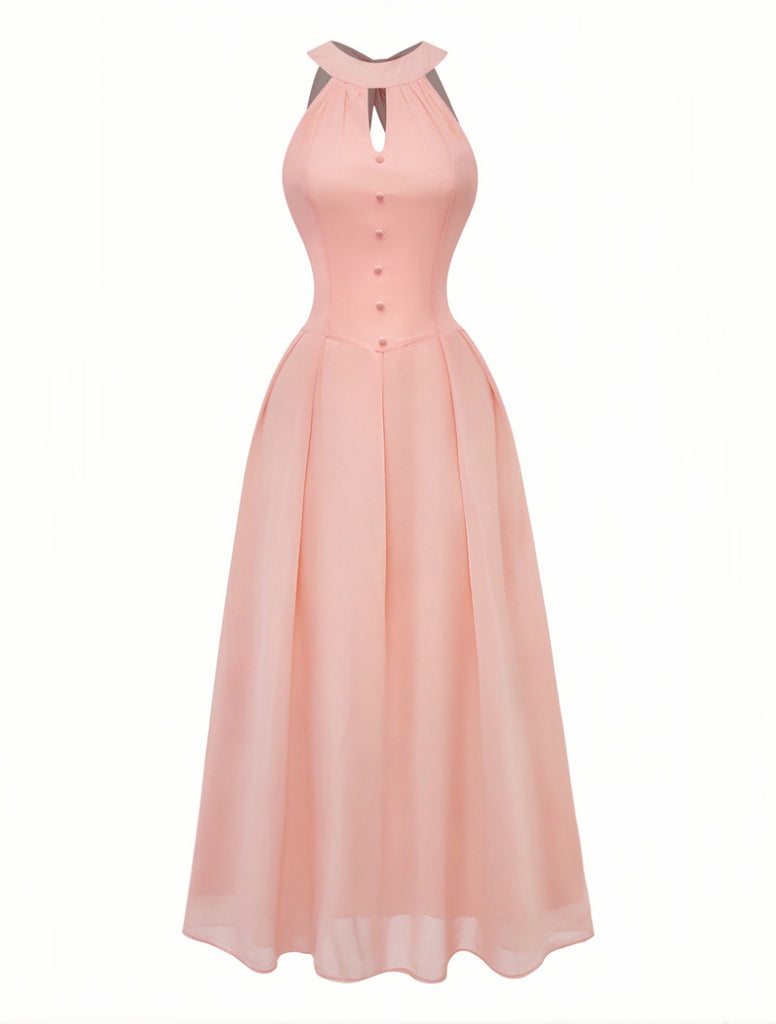 Peach 1940s Halter Cutout Button-Front Maxi Dress - vintage dress, retro fashion