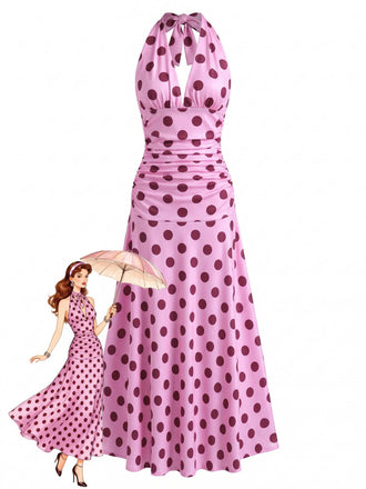 Peach Pink 1930s Polka Dot V-Neck Halter Midi Dress 2