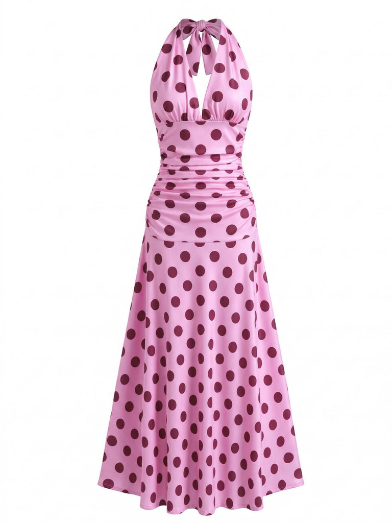 Peach Pink 1930s Polka Dot V-Neck Halter Midi Dress 3