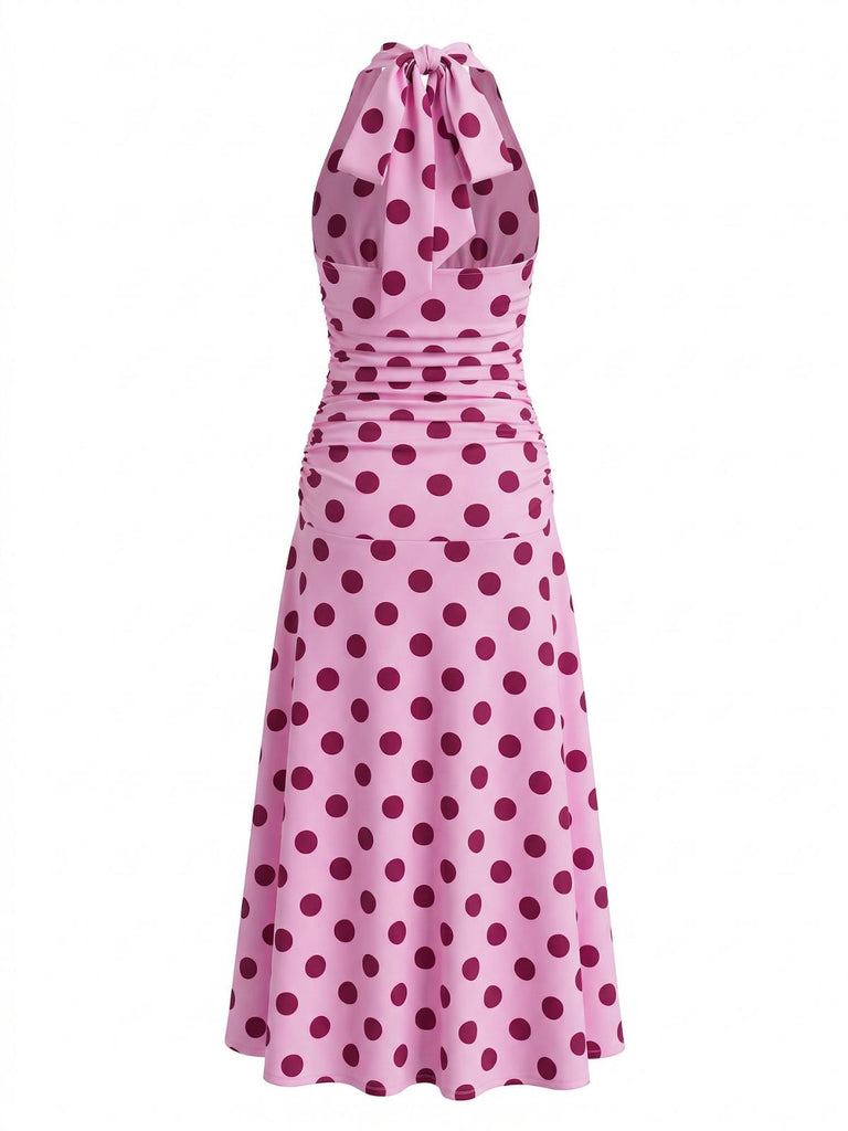 Peach Pink 1930s Polka Dot V-Neck Halter Midi Dress 4