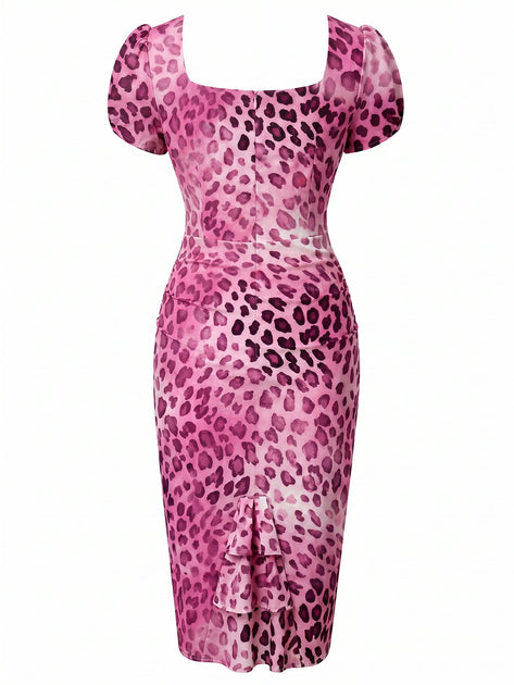 Pink 1960s Sweetheart Neck Leopard Bodycon Dress