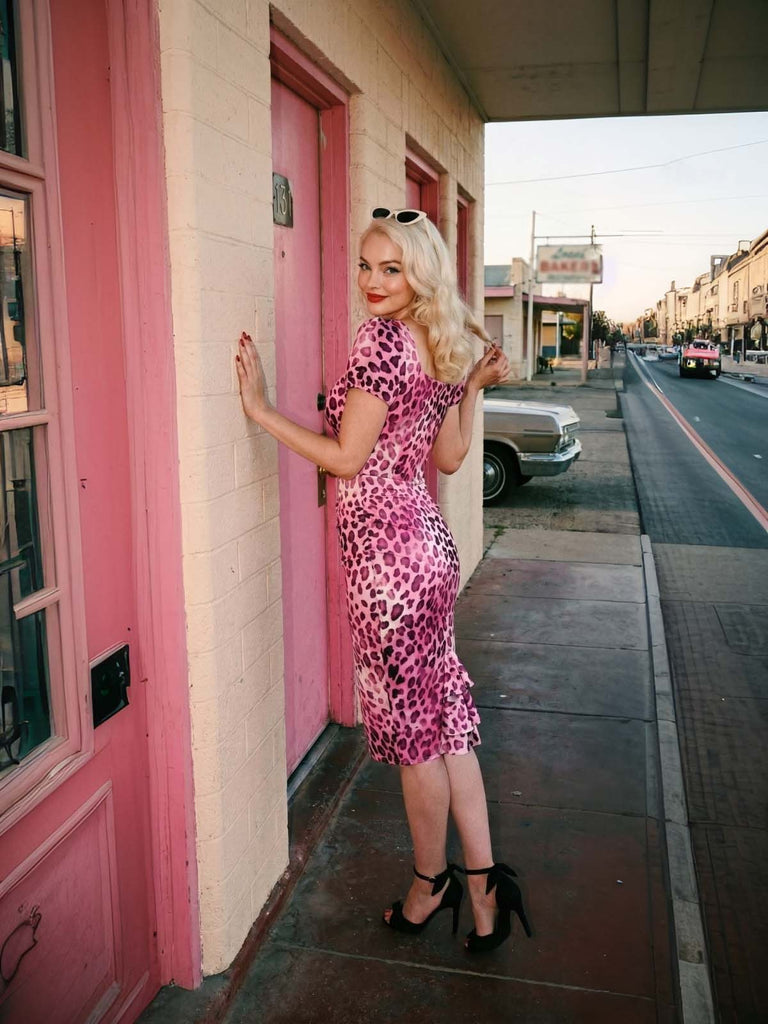 pink leopard dress Pink Leopard Dress Vintage Sweetheart Neck Bodycon Pin up Dress