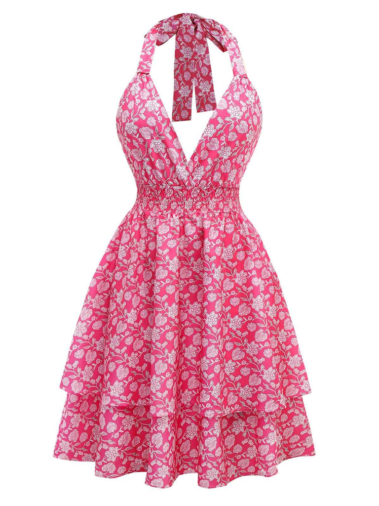 Peach Pink 1960s Smocked Floral Halter Dress