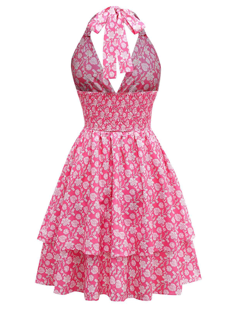 Peach Pink 1960s Smocked Floral Halter Dress | Retro Stage