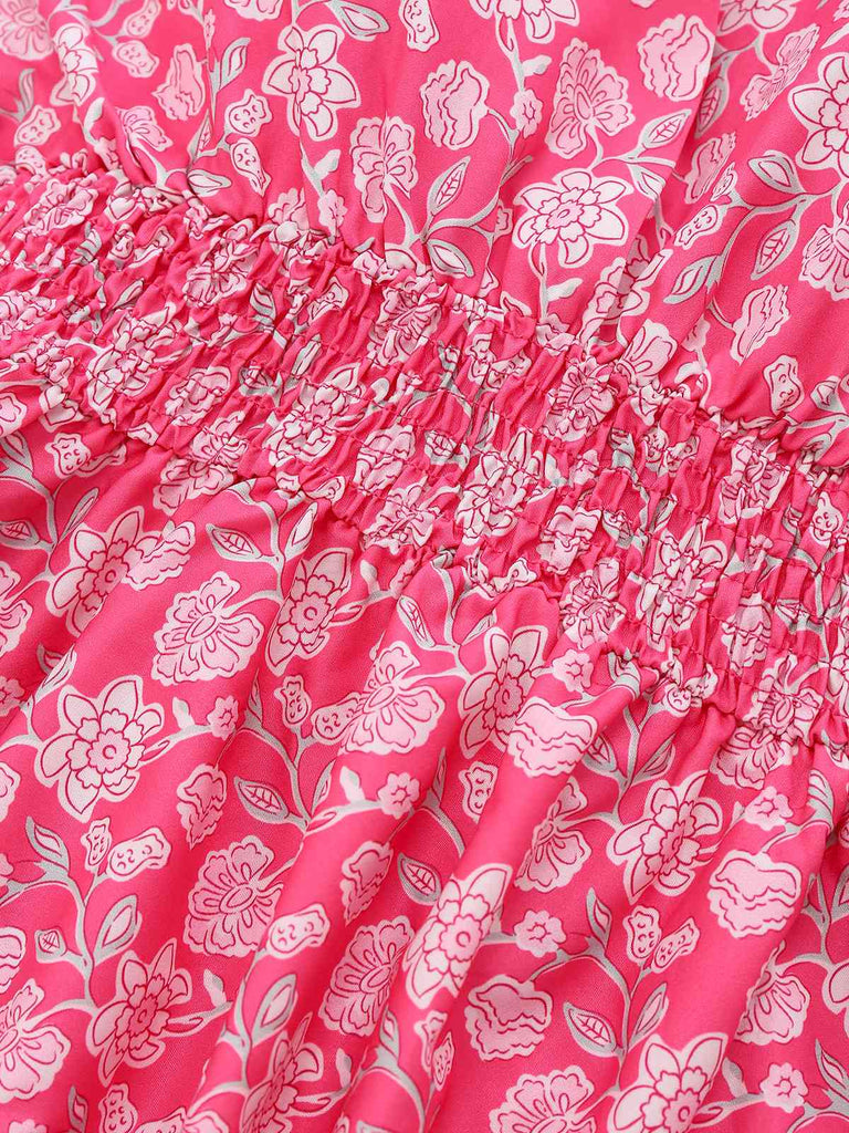 Peach Pink 1960s Smocked Floral Halter Dress - vintage dress, retro fashion