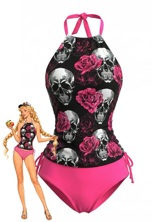 Peach Pink 1980s Skull Rose Print Tankini Set - vintage fashion, retro style