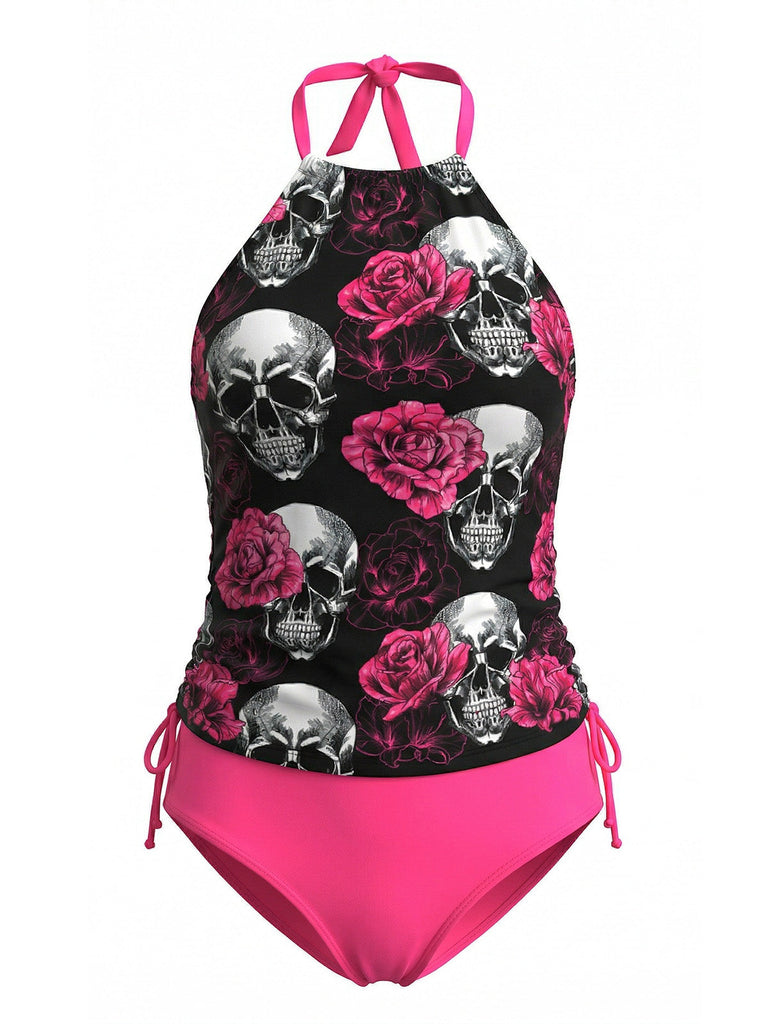 Peach Pink 1980s Skull Rose Print Tankini Set - vintage fashion, retro style
