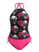 Peach Pink 1980s Skull Rose Print Tankini Set - vintage fashion, retro style