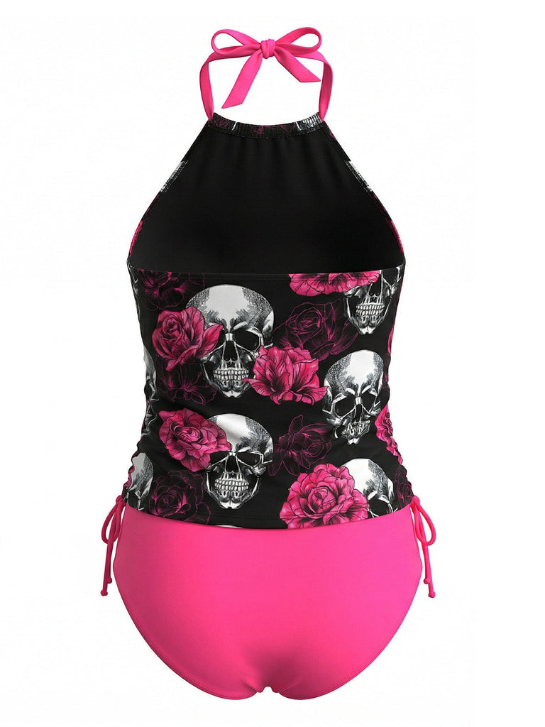 Peach Pink 1980s Skull Rose Print Tankini Set - vintage fashion, retro style