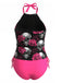 Peach Pink 1980s Skull Rose Print Tankini Set - vintage fashion, retro style