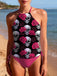 Peach Pink 1980s Skull Rose Print Tankini Set - vintage fashion, retro style