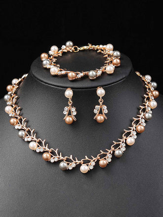 Pearl Rhinestones Vine Shape Necklace & Bracelet & Earrings Set - vintage fashion, retro style