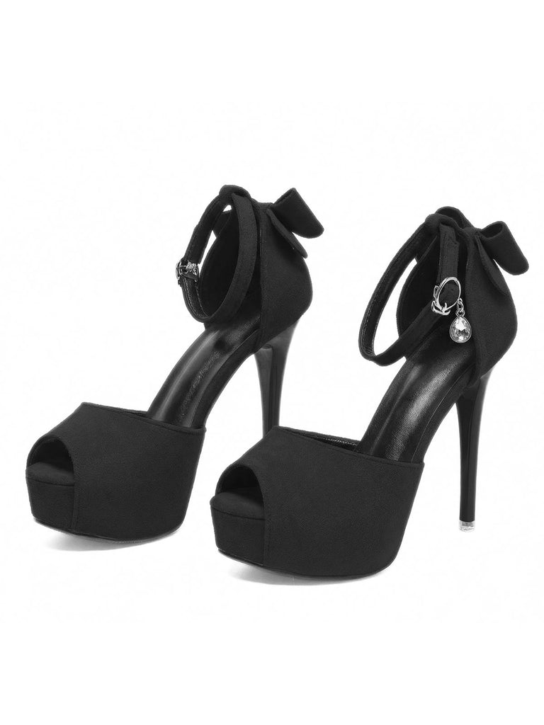 Peep-Toe Crystal Bow High Heels Shoes - vintage shoes, retro heels