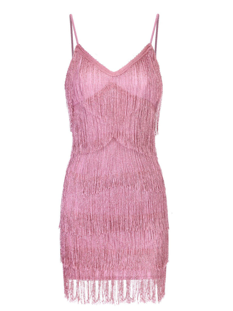 She slips into this Pink 1920s Spaghetti Strap V-Neck Fringe Dress and suddenly it's a 1920s daydream