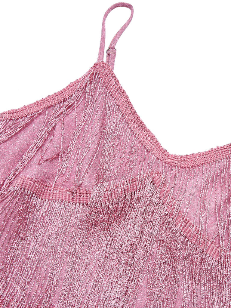 Pink 1920s Spaghetti Strap V-Neck Fringe Dress — the kind of 1920s dress that makes strangers smile