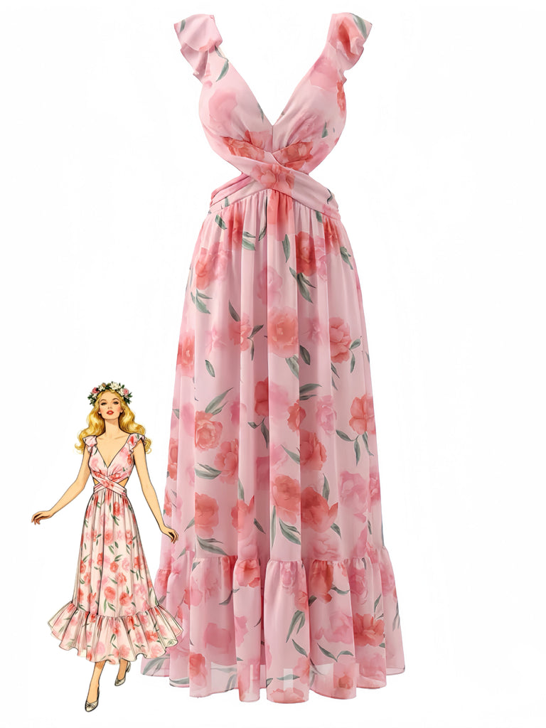Pink 1930s Floral Chiffon Deep V Backless Maxi Dress - vintage dress, retro fashion for women