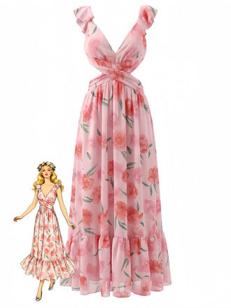 Pink 1930s Floral Chiffon Deep V Backless Maxi Dress - vintage dress, retro fashion for women