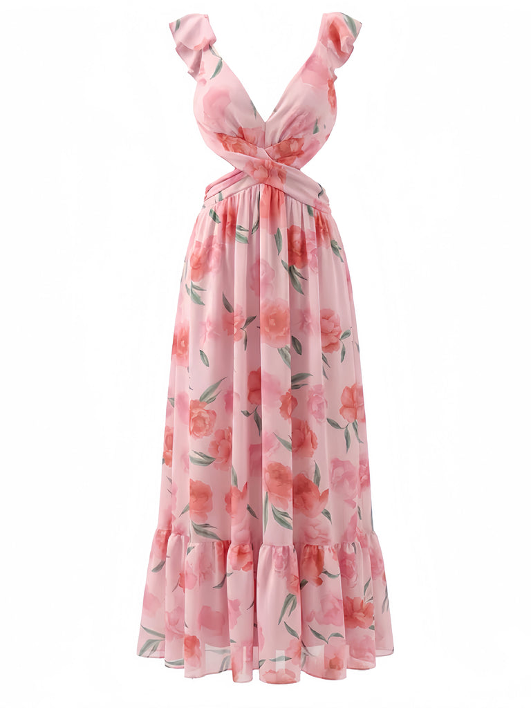 Pink 1930s Floral Chiffon Deep V Backless Maxi Dress - vintage dress, retro fashion for women