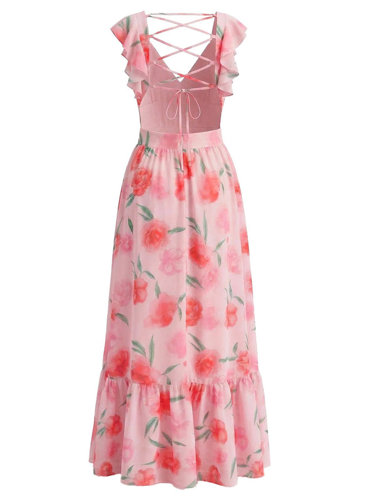 Pink 1930s Floral Chiffon Deep V Backless Maxi Dress - vintage dress, retro fashion for women