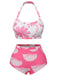 Pink 1930s Floral Elastic Gathers Halter Swimsuit, vintage swimsuit, pin-up swimwear - perfect for women who love vintage and retro fashion
