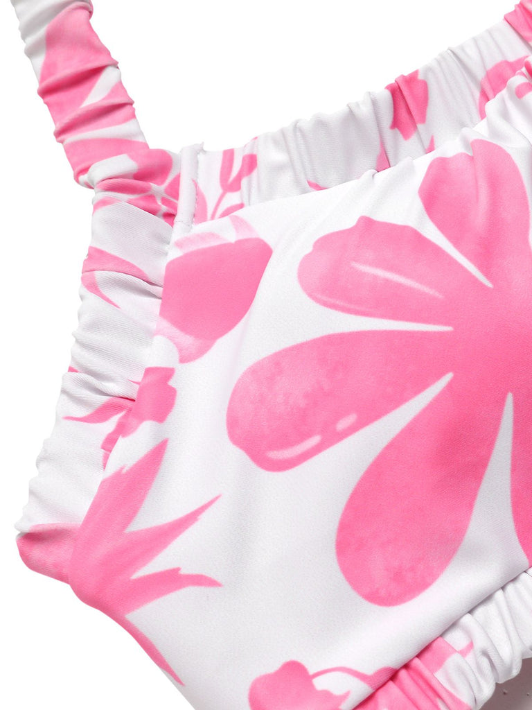 Pink 1930s Floral Elastic Gathers Halter Swimsuit, vintage swimsuit, pin-up swimwear - perfect for women who love vintage and retro fashion