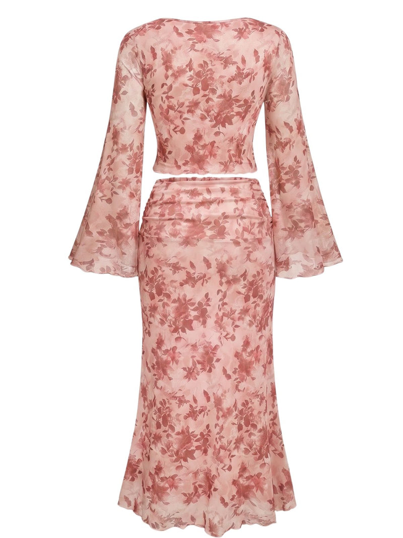 Pink 1970s Floral Tie Front Bell Sleeve Skirt Set | Retro Stage