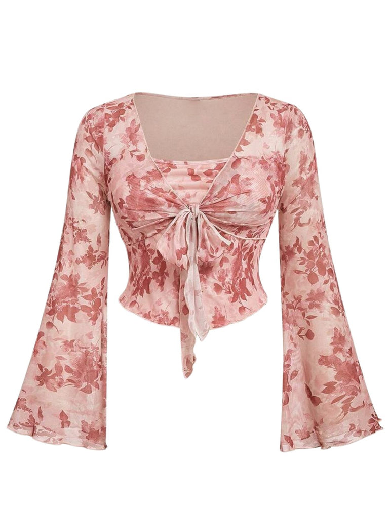 Pink 1930s Floral Square Neck Bell Sleeve 2PCS, vintage fashion, retro style - perfect for women who love vintage and retro fashion