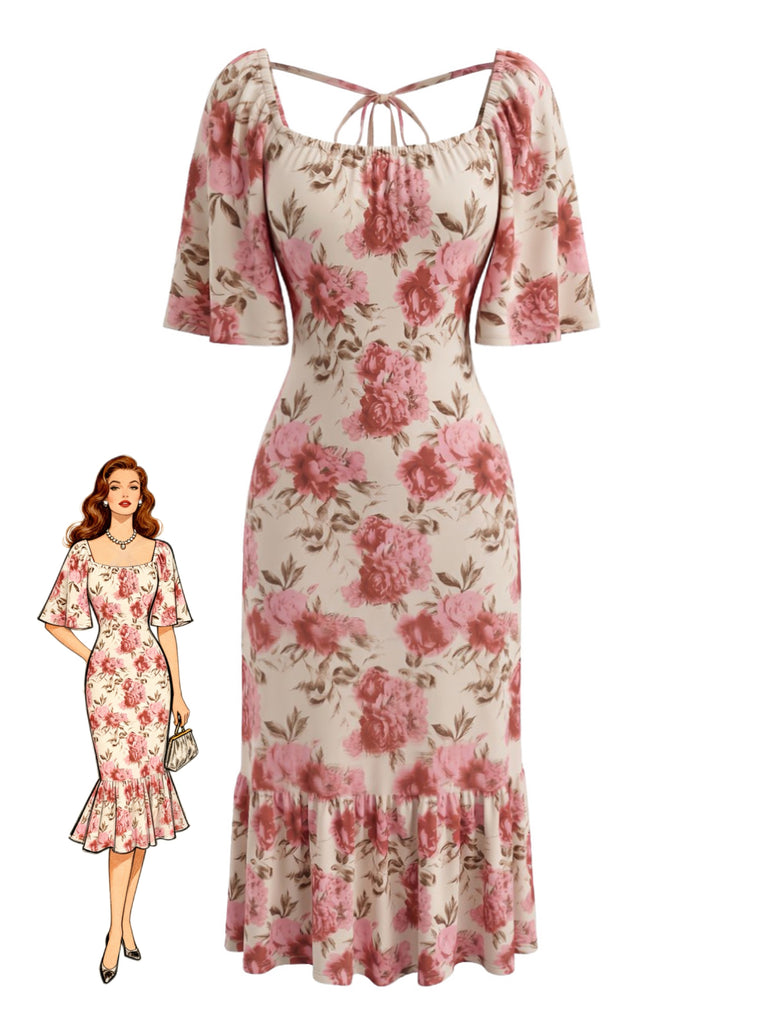 Pink 1930s Floral Square Neck Dress