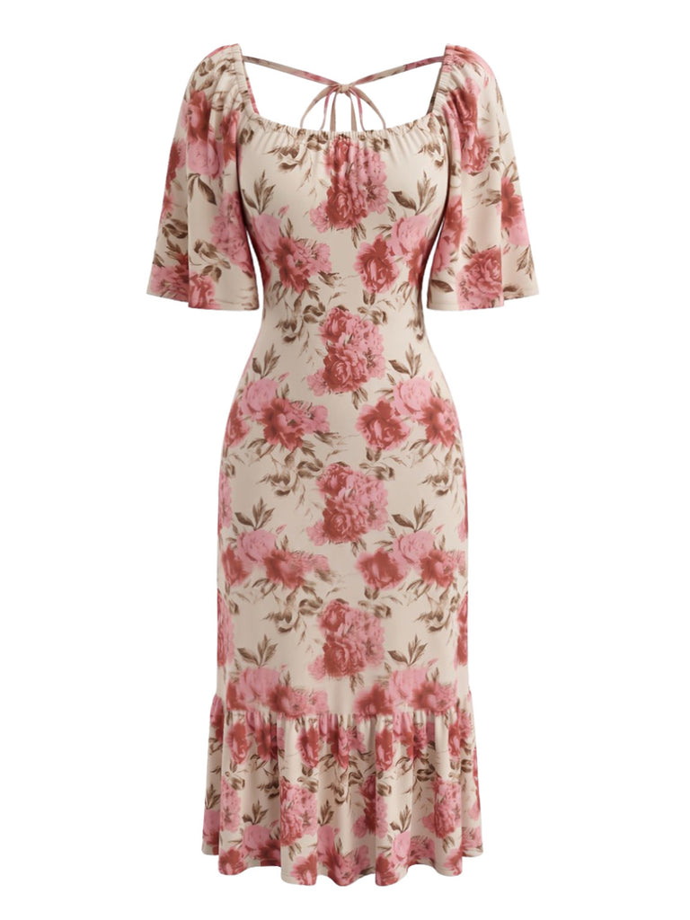 Pink 1930s Floral Square Neck Dress 2